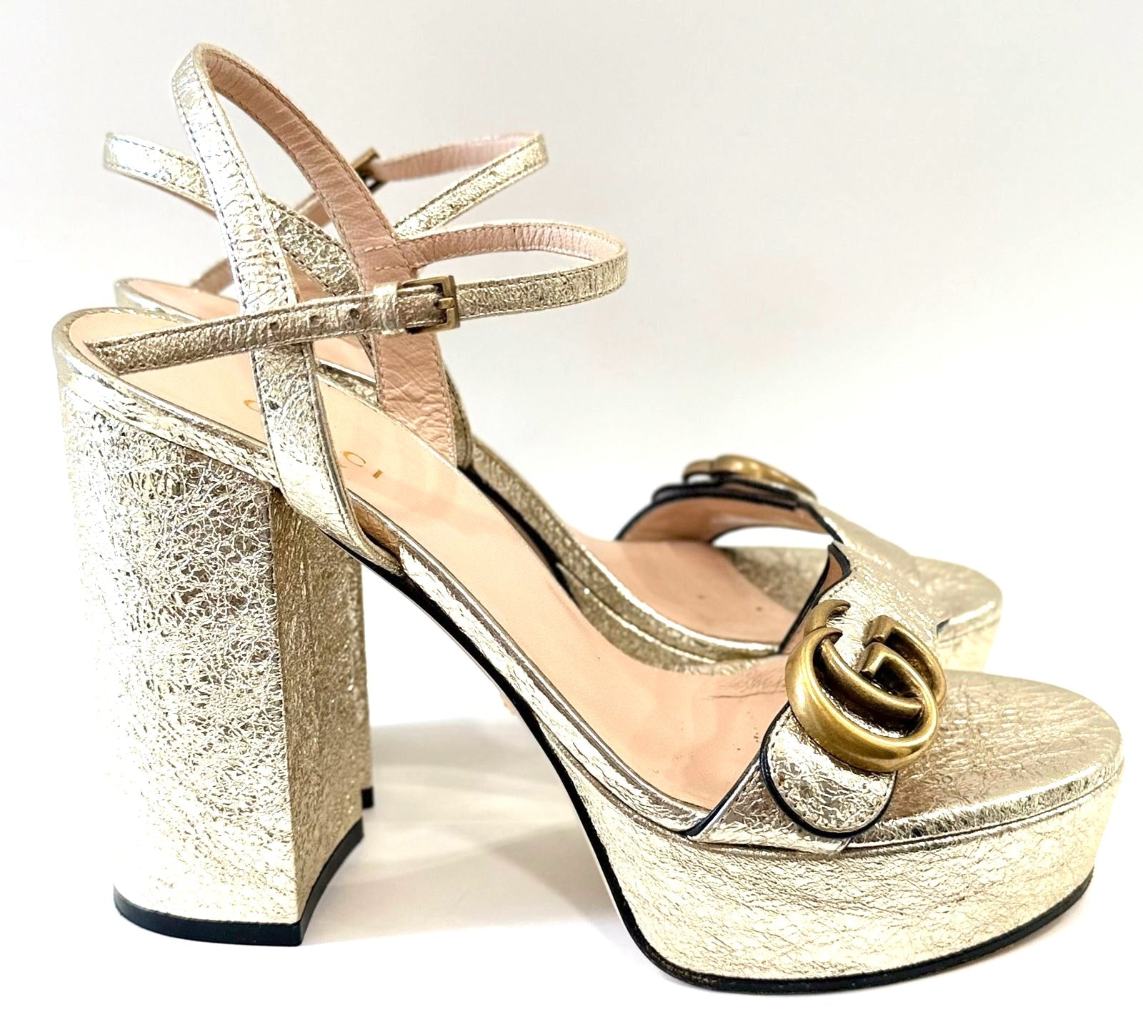 GUCCI GALASSIA GG MARMONT METALLIC CALFSKIN PLATRORM SANDALS
