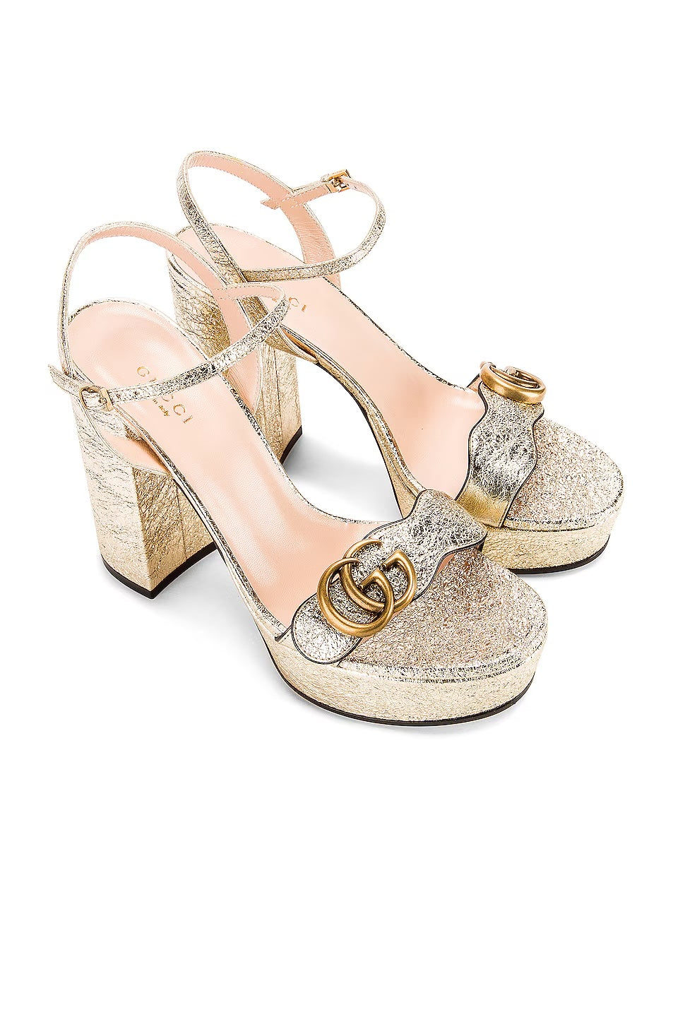 GUCCI GALASSIA GG MARMONT METALLIC CALFSKIN PLATRORM SANDALS