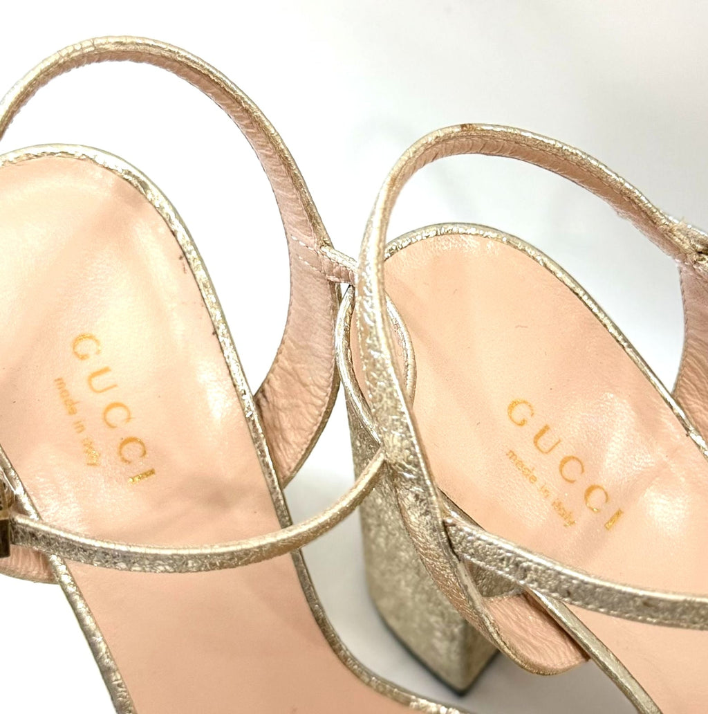 GUCCI GALASSIA GG MARMONT METALLIC CALFSKIN PLATRORM SANDALS