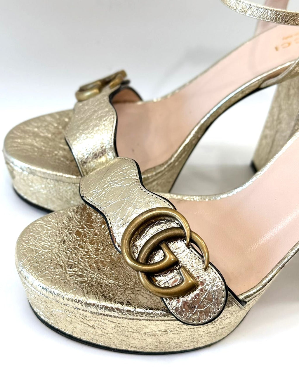 GUCCI GALASSIA GG MARMONT METALLIC CALFSKIN PLATRORM SANDALS