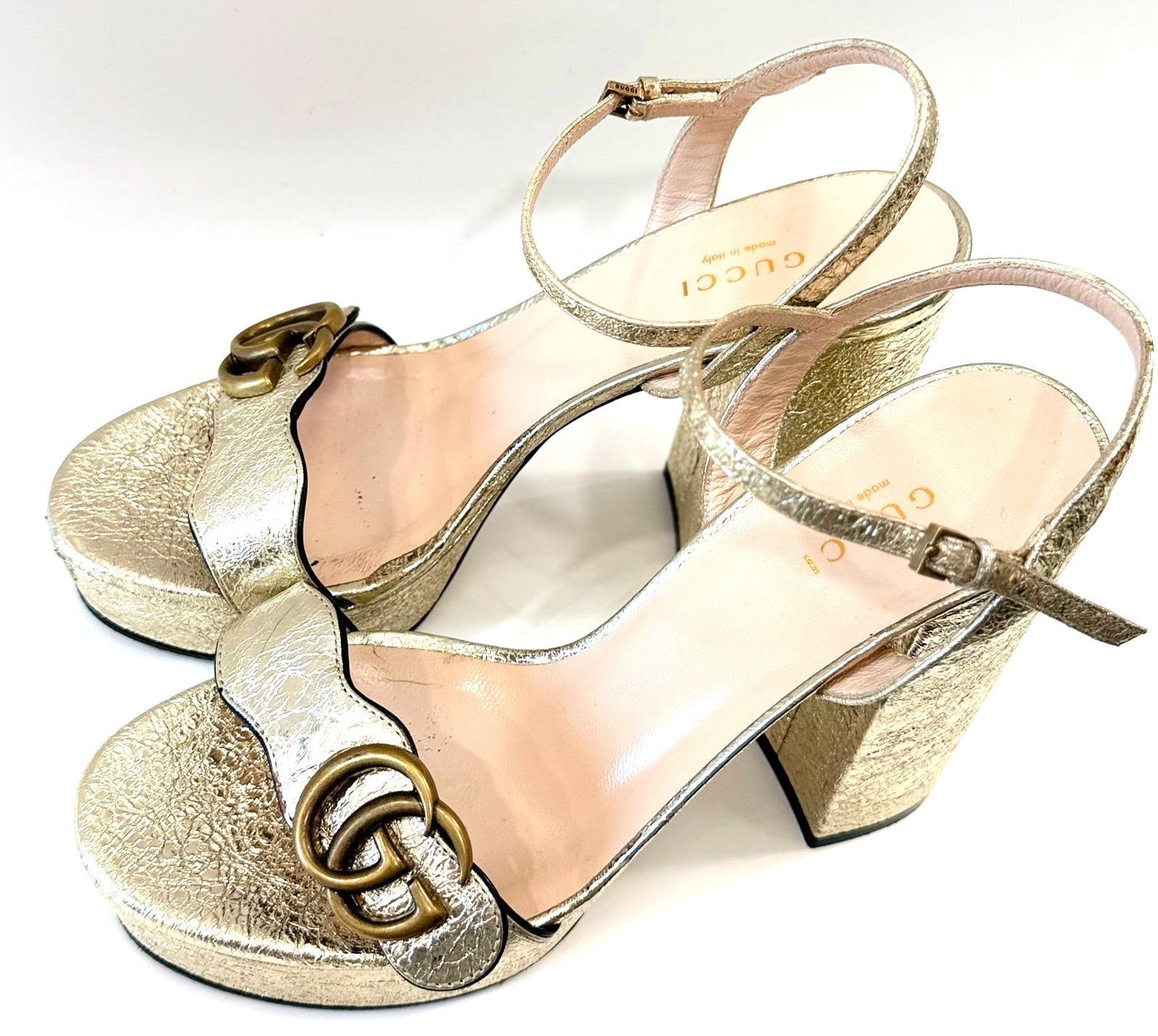 GUCCI GALASSIA GG MARMONT METALLIC CALFSKIN PLATRORM SANDALS