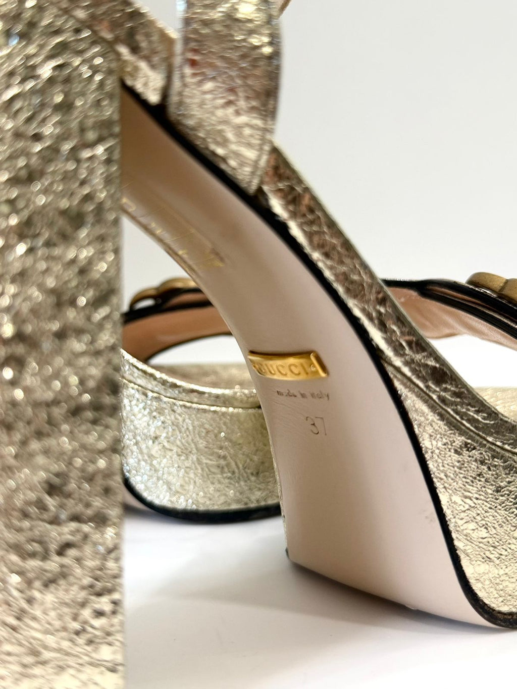 GUCCI GALASSIA GG MARMONT METALLIC CALFSKIN PLATRORM SANDALS