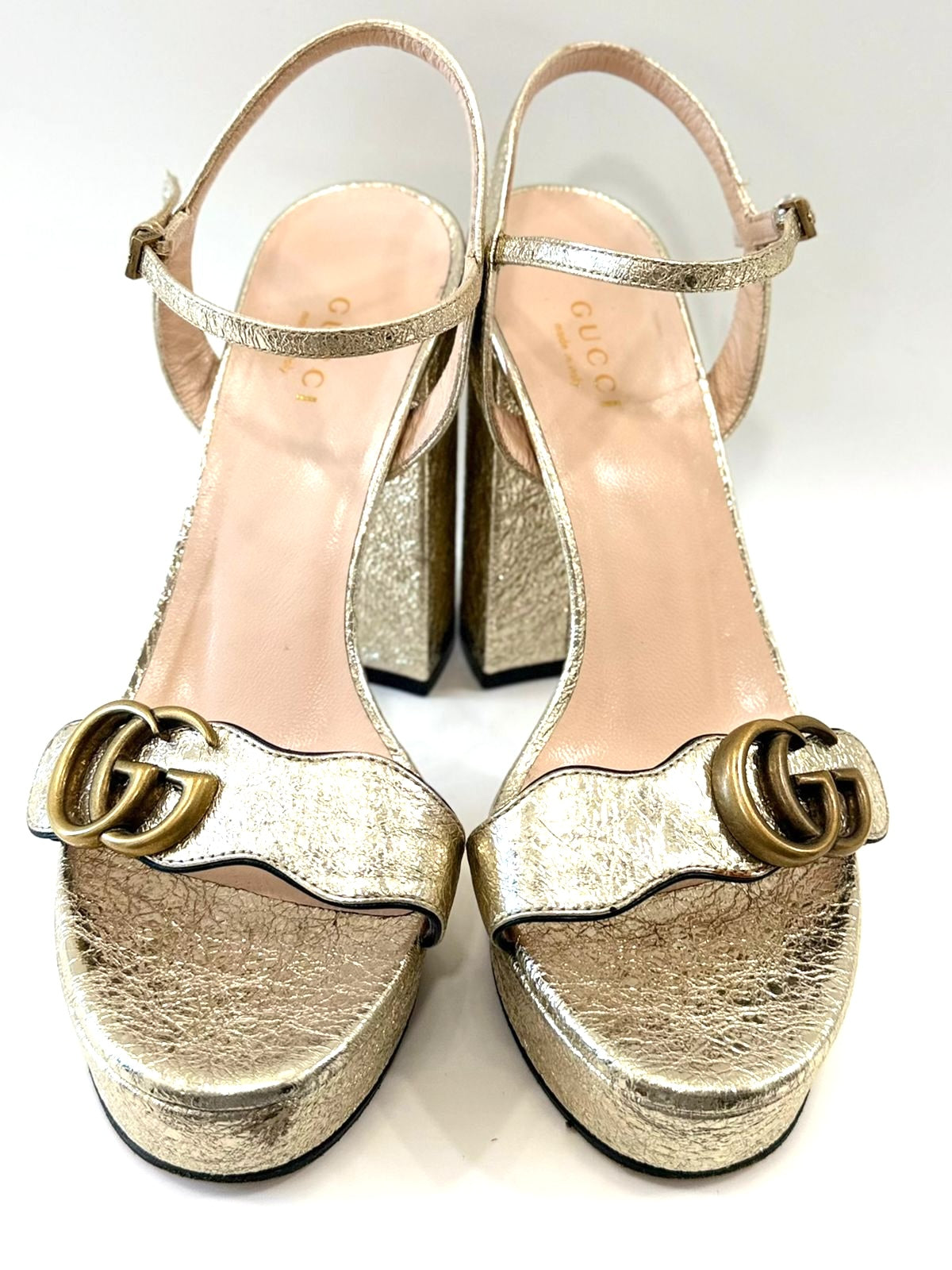GUCCI GALASSIA GG MARMONT METALLIC CALFSKIN PLATRORM SANDALS