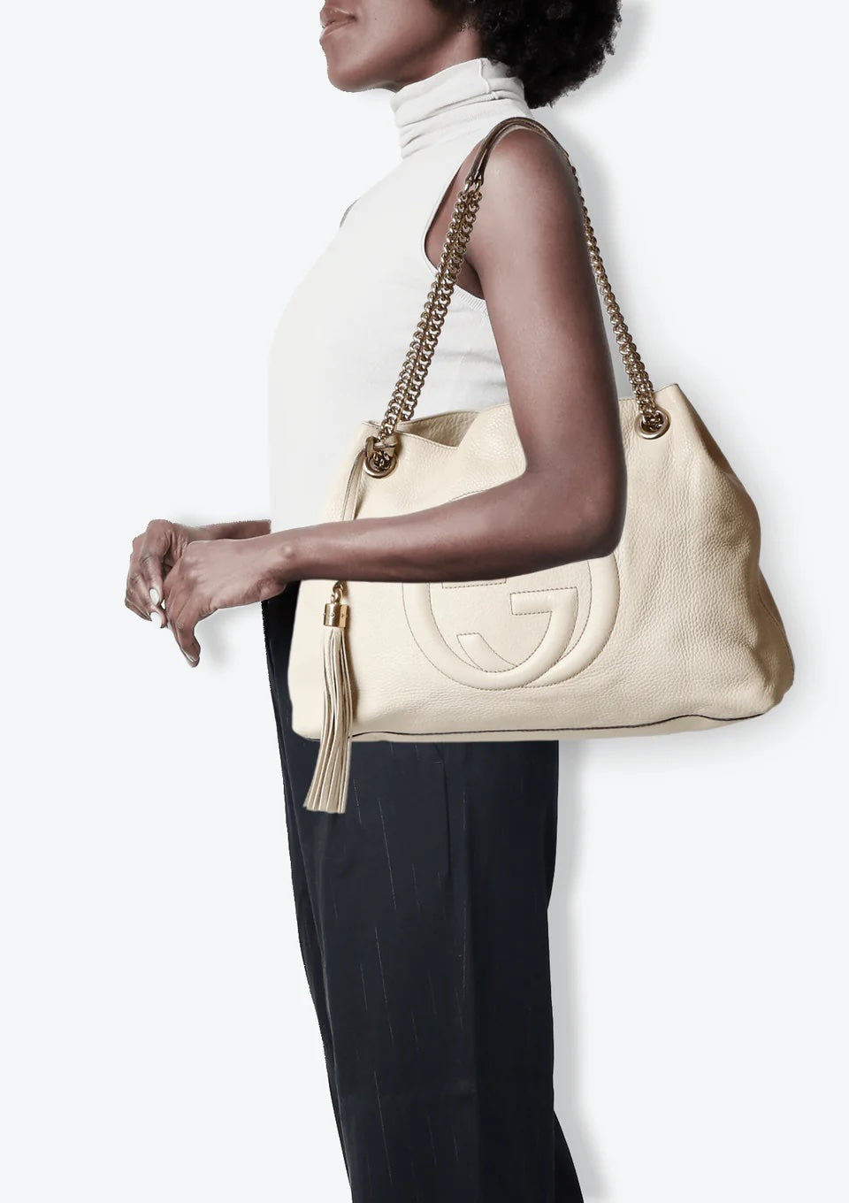 GUCCI SOHO PEBBLED CALFSKIN LEATHER CHAIN MEDIUM HOBO BAG
