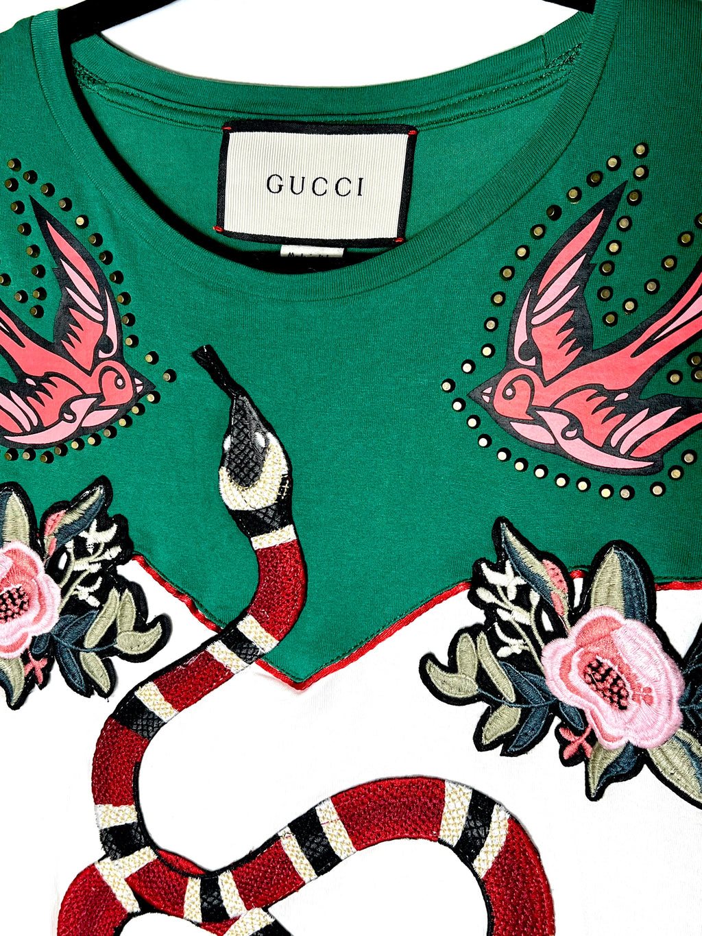 GUCCI GREEN GRAPHIC PRINT KING SNAKE EMBROIDERED T-SHIRT