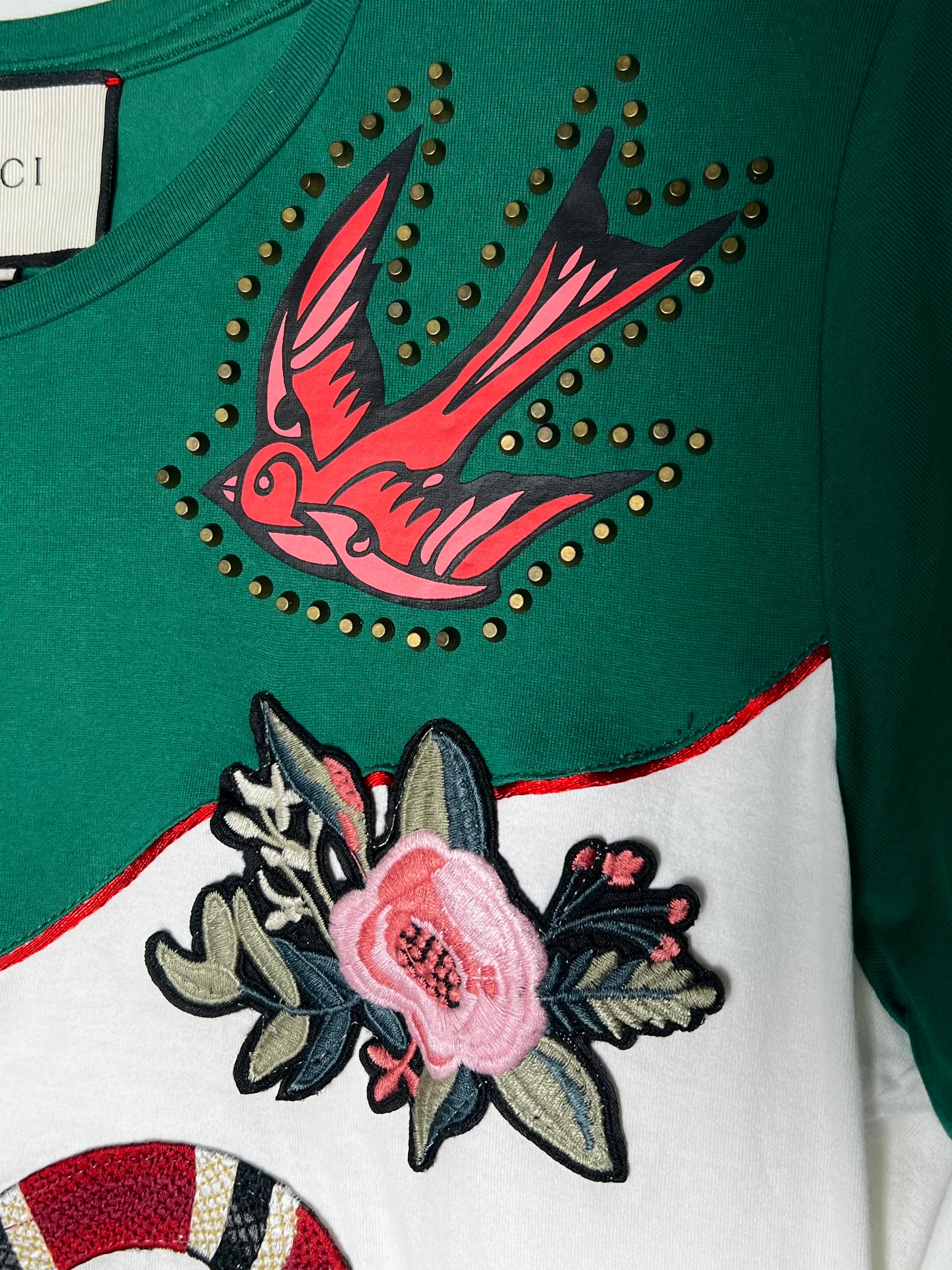 GUCCI GREEN GRAPHIC PRINT KING SNAKE EMBROIDERED T-SHIRT
