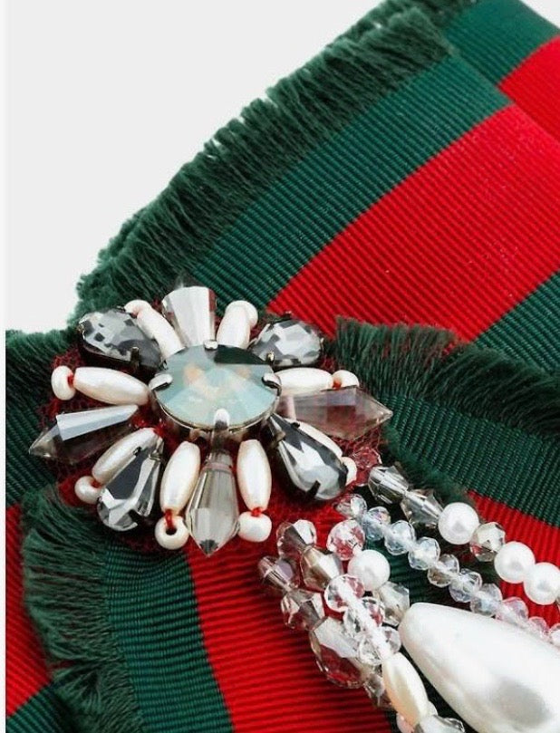 GUCCI GROSGRAIN WEB PEARL CRYSTAL BOW BROOCH