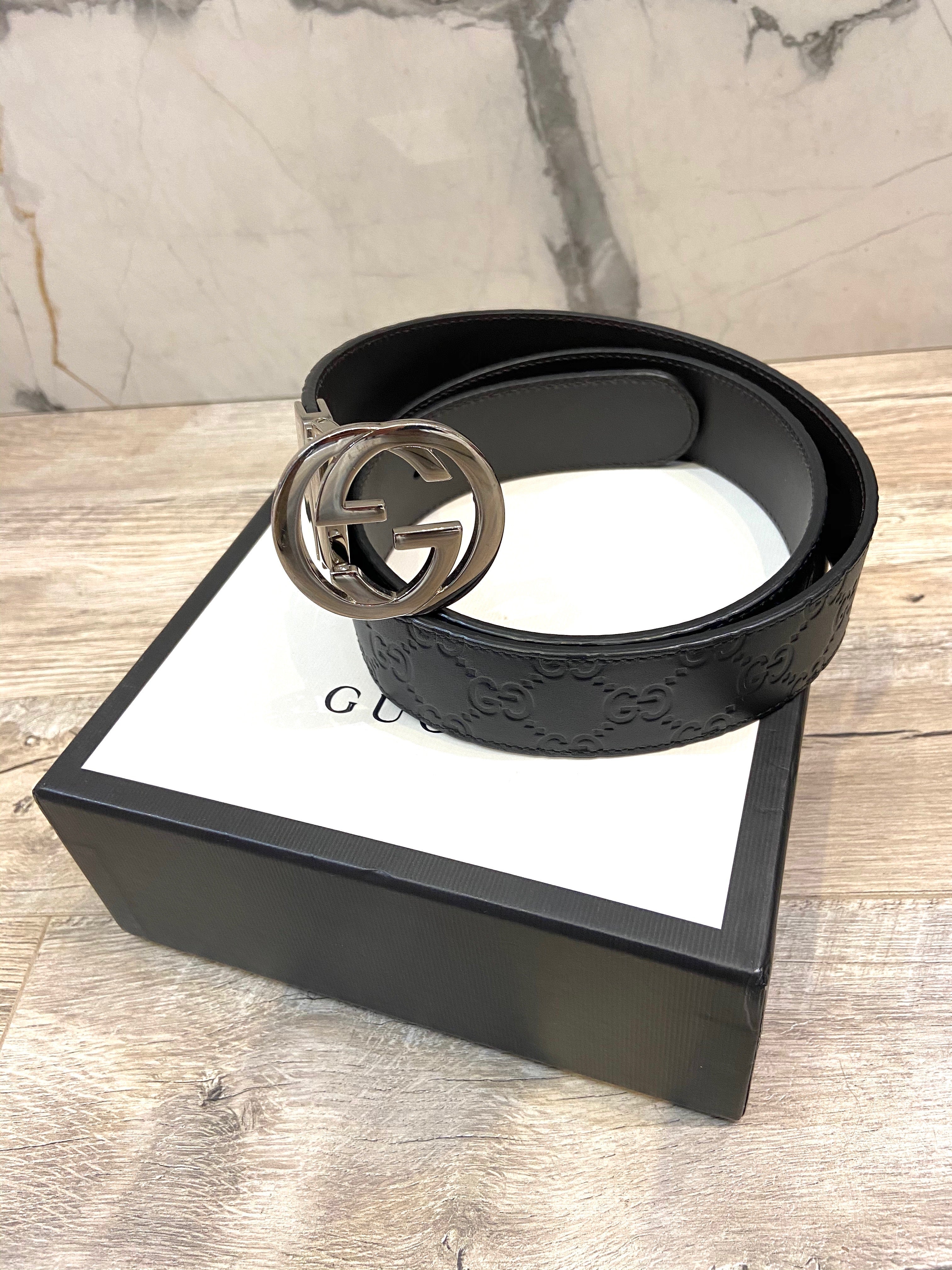 GUCCI INTERLOCKING G EMBOSSED LEATHER BELT