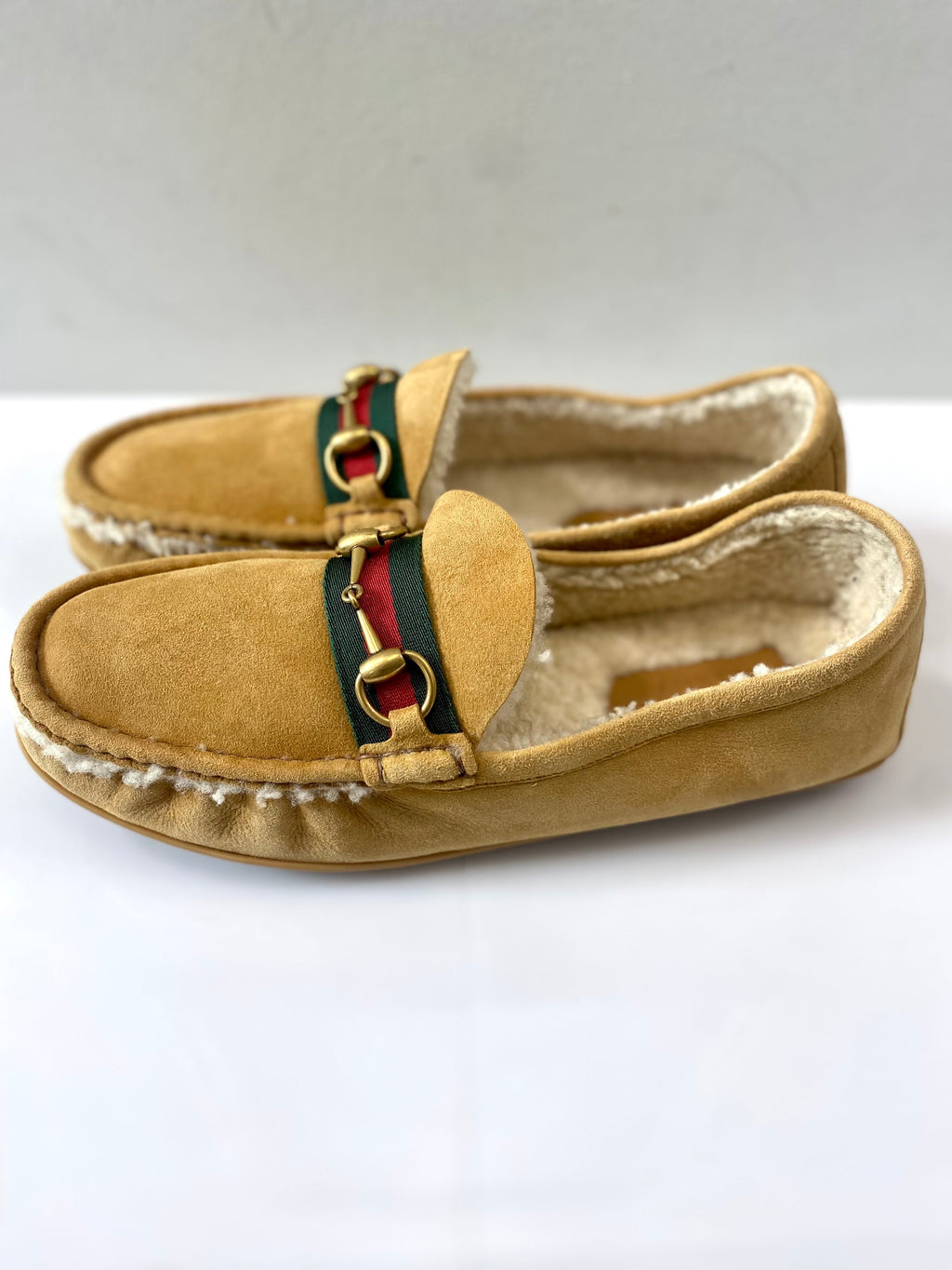 GUCCI HORSEBIT WEB SHEARLING DRIVER LOAFERS