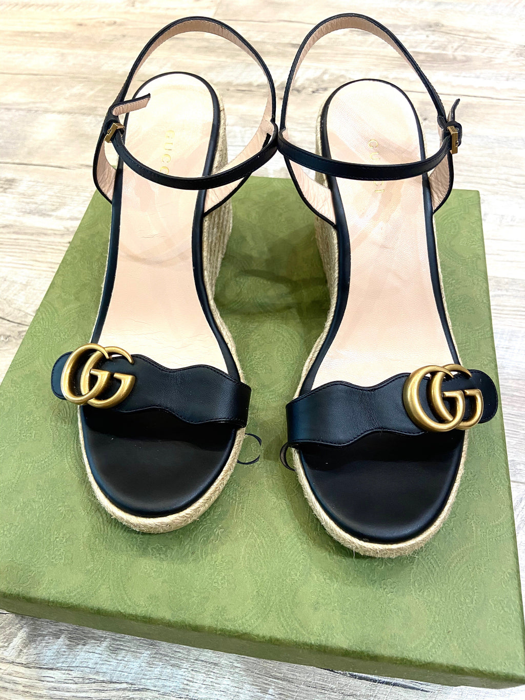 GUCCI LEATHER WEDGE ESPADRILLE SANDALS