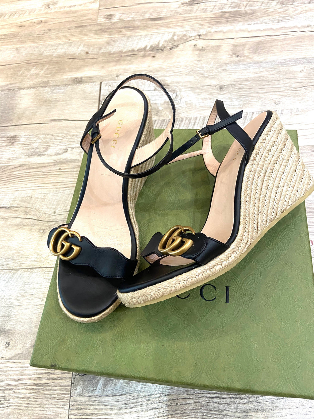 GUCCI LEATHER WEDGE ESPADRILLE SANDALS
