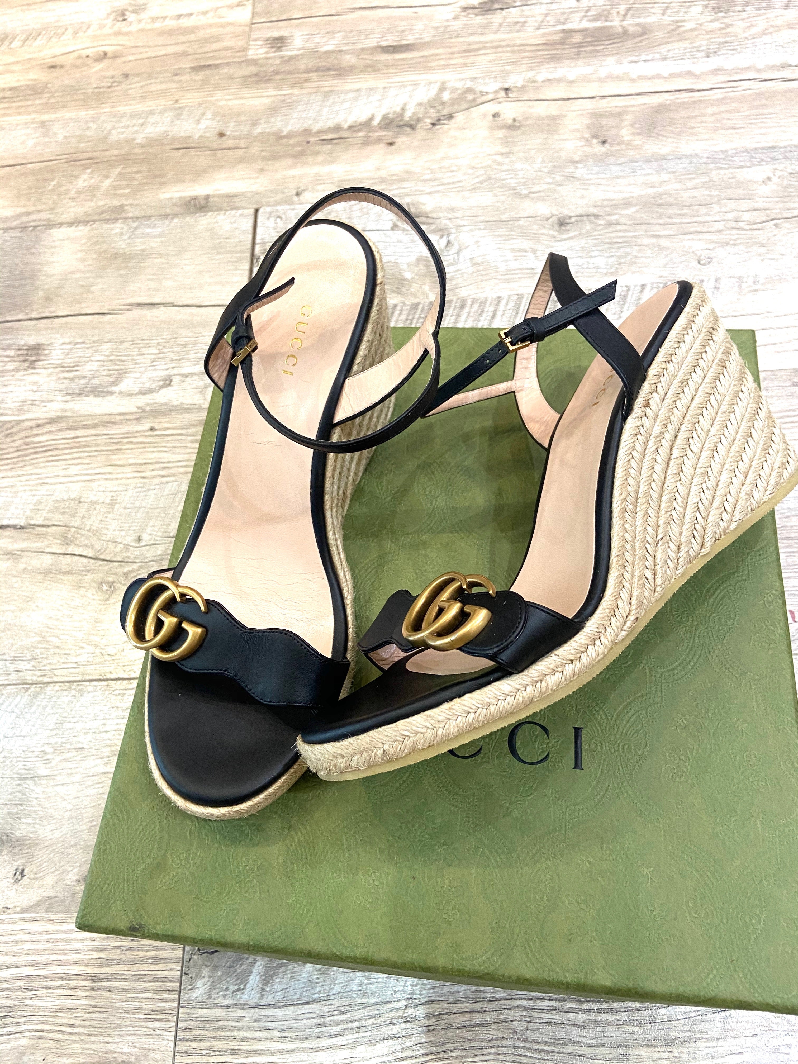 GUCCI LEATHER WEDGE ESPADRILLE SANDALS