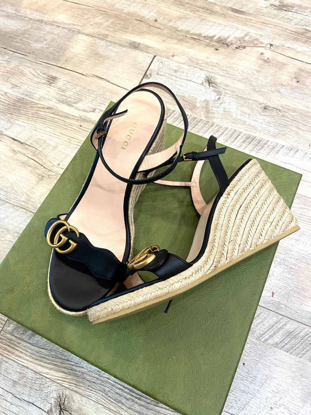 GUCCI LEATHER WEDGE ESPADRILLE SANDALS