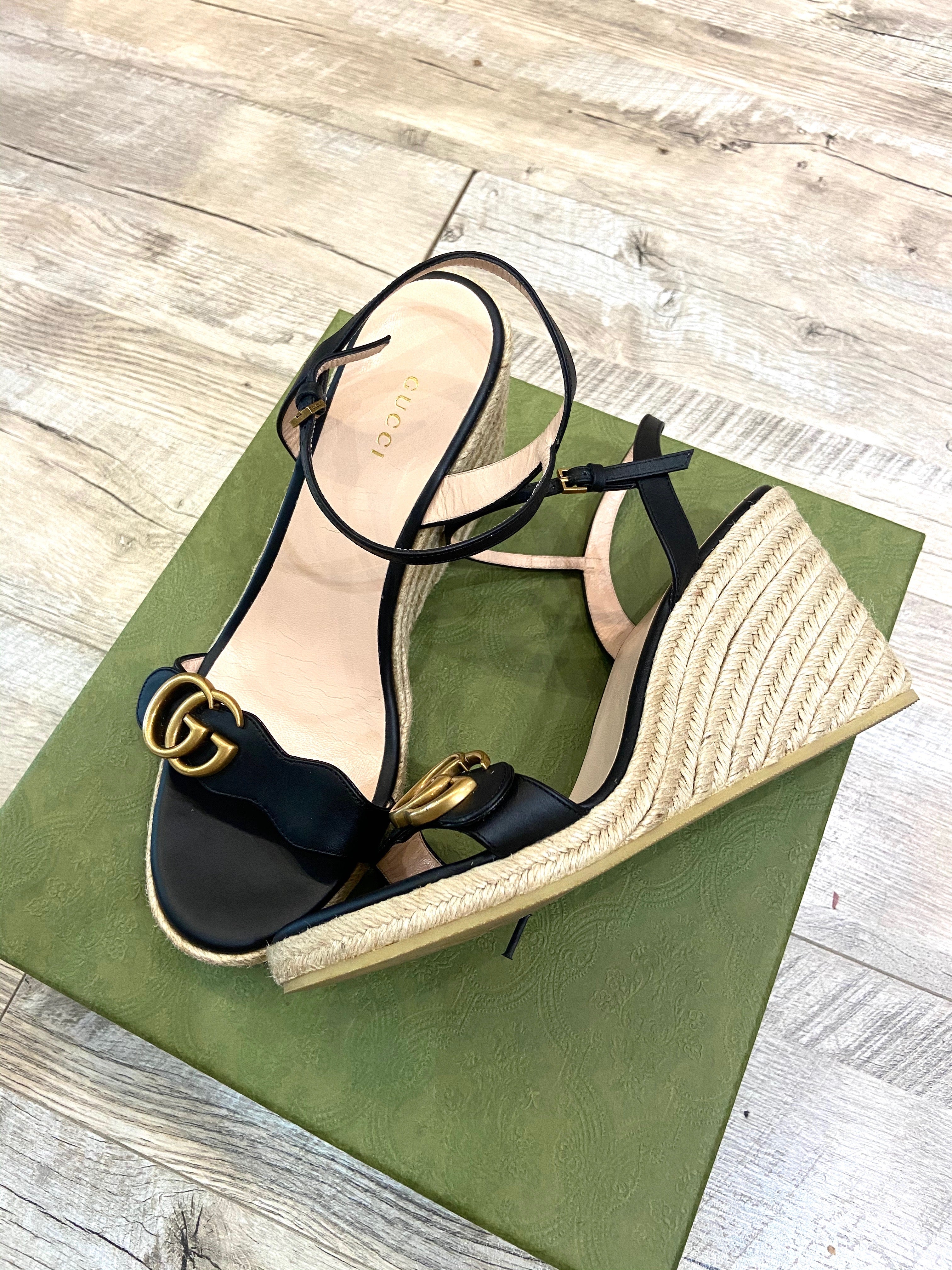 GUCCI LEATHER WEDGE ESPADRILLE SANDALS