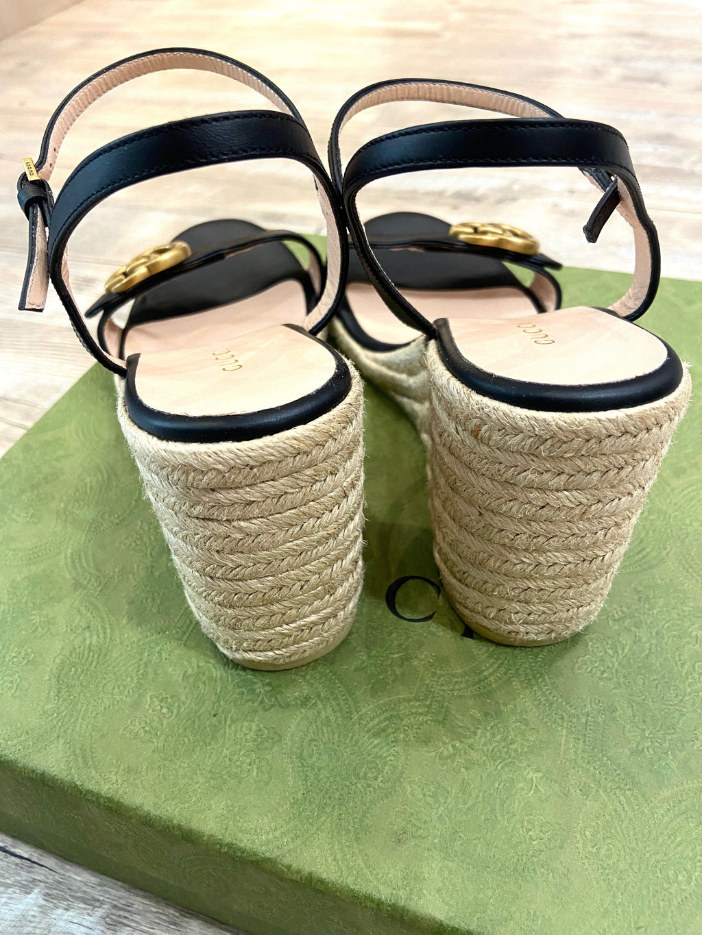 GUCCI LEATHER WEDGE ESPADRILLE SANDALS