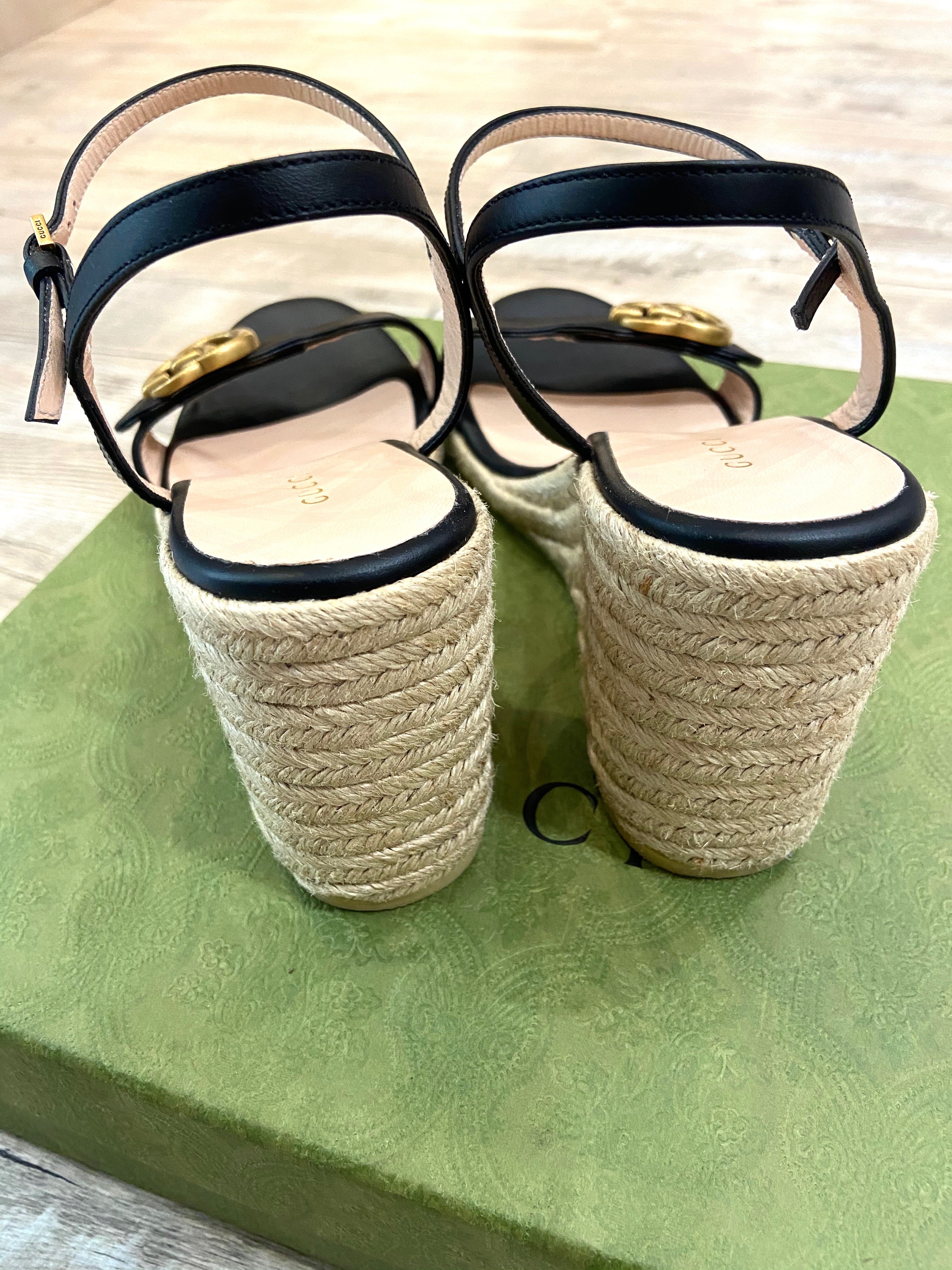 GUCCI LEATHER WEDGE ESPADRILLE SANDALS