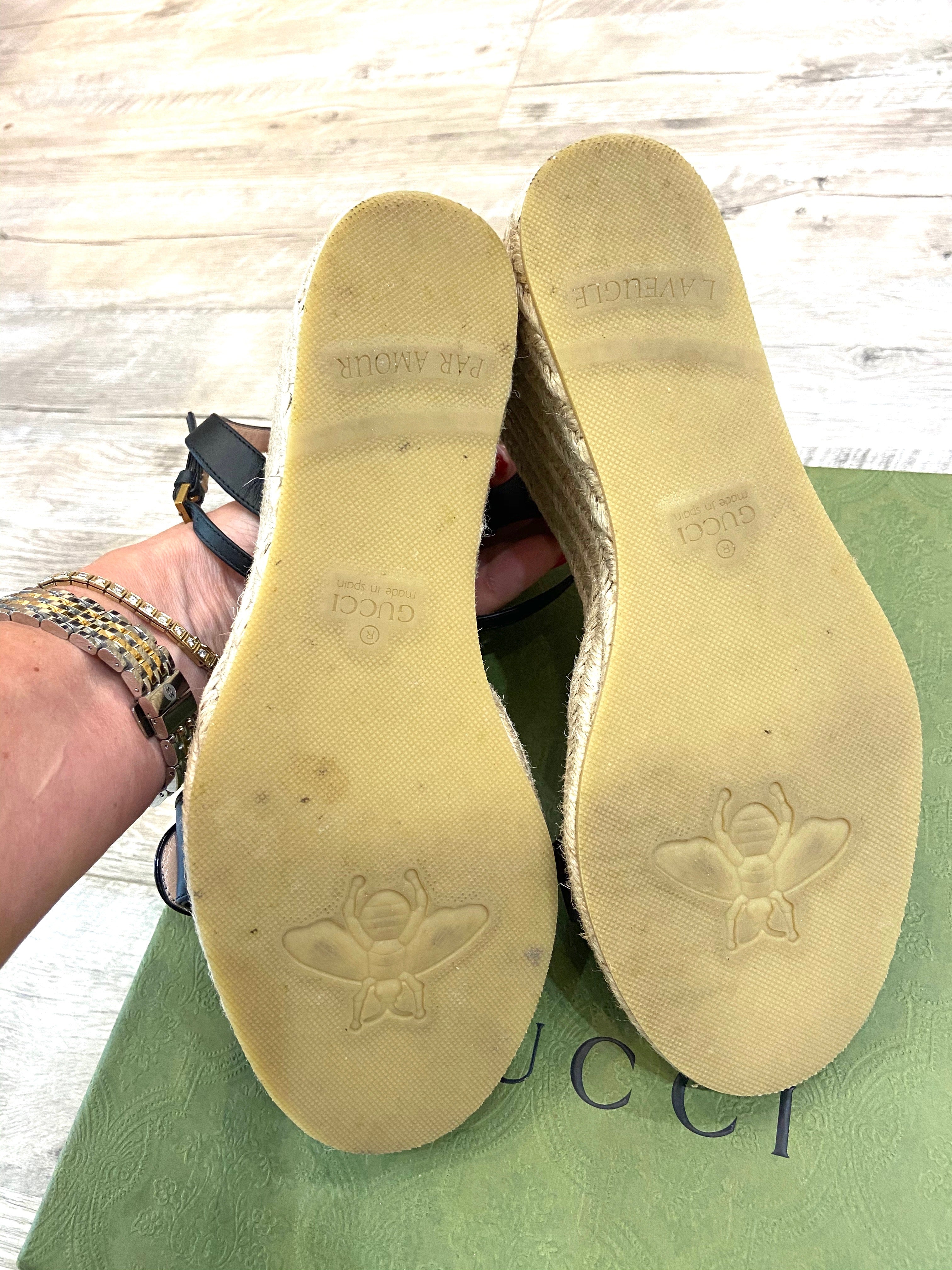 GUCCI LEATHER WEDGE ESPADRILLE SANDALS