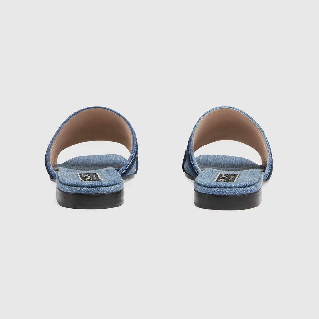 GUCCI DENIM SLIDE SANDALS WITH GUCCI SCRIPT
