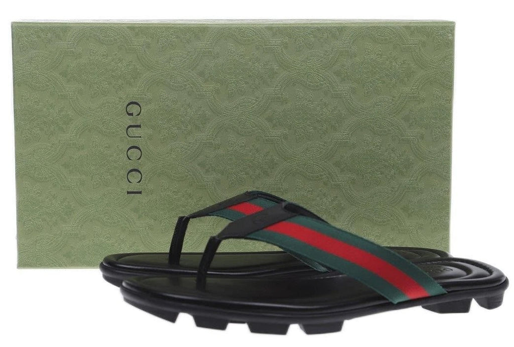 GUCCI MEN'S TITAN WEB LEATHER THONG SLIDES