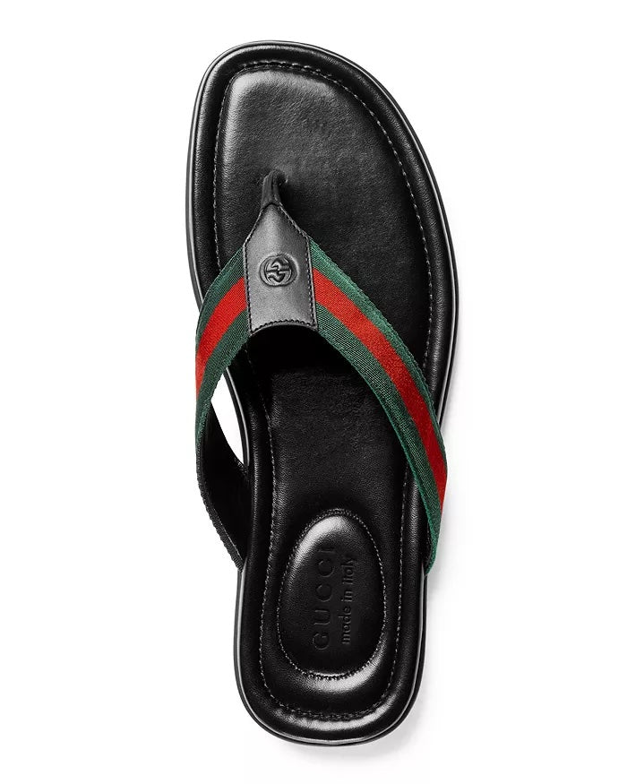 GUCCI MEN'S TITAN WEB LEATHER THONG SLIDES