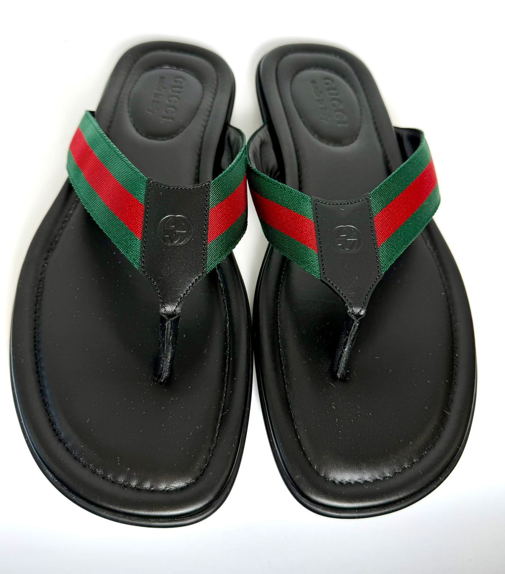 GUCCI MEN'S TITAN WEB LEATHER THONG SLIDES