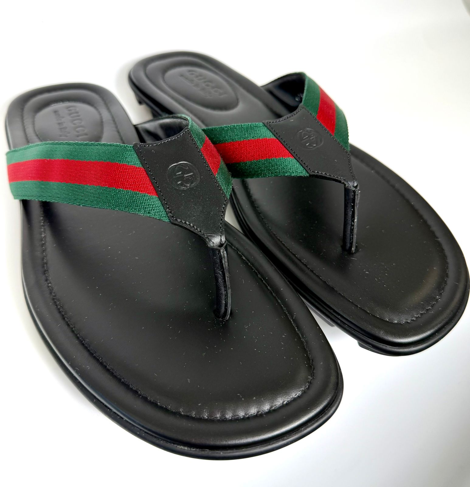 GUCCI MEN'S TITAN WEB LEATHER THONG SLIDES