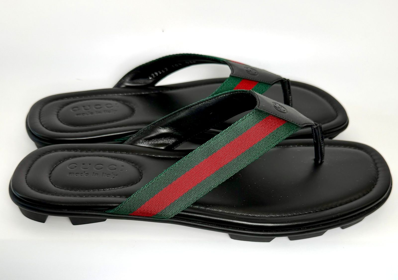 GUCCI MEN'S TITAN WEB LEATHER THONG SLIDES
