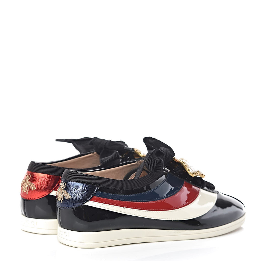 GUCCI PATENT CALFSKIN WEB FALACER BUTTERFLY SNEAKERS