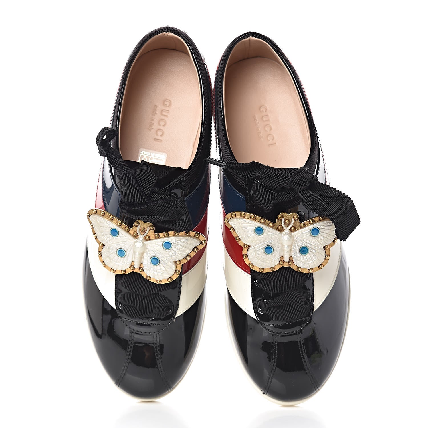 GUCCI PATENT CALFSKIN WEB FALACER BUTTERFLY SNEAKERS