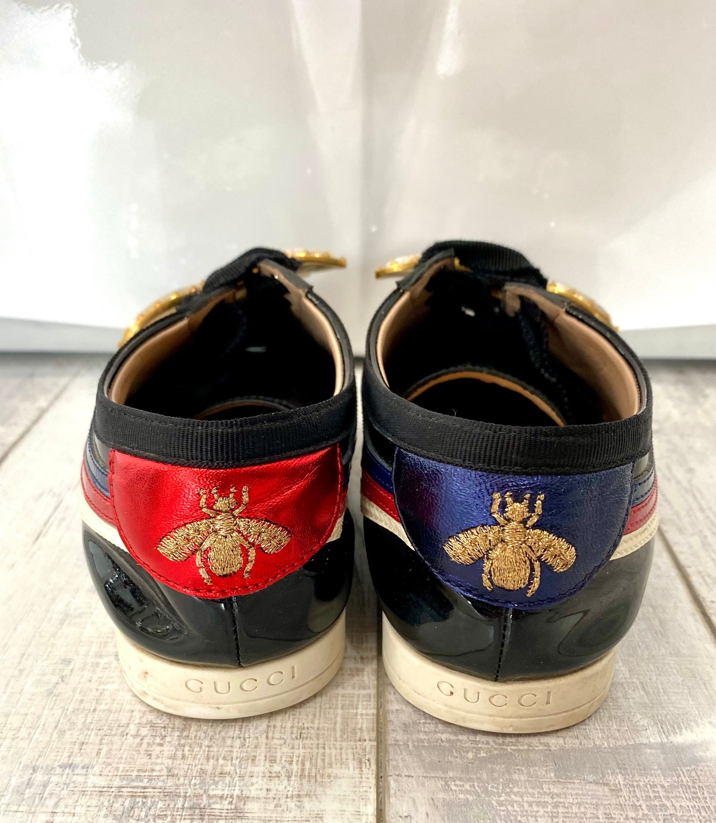 GUCCI PATENT CALFSKIN WEB FALACER BUTTERFLY SNEAKERS