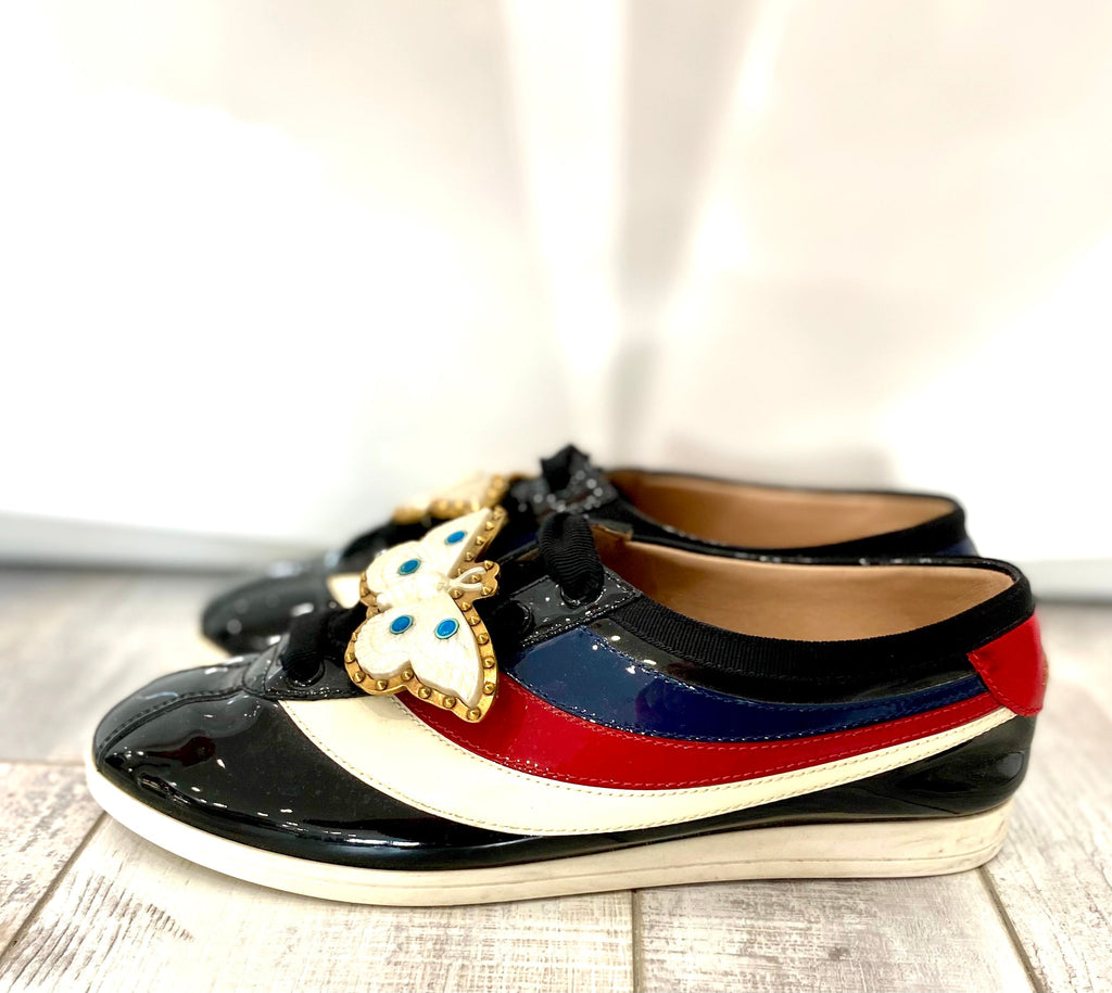 GUCCI PATENT CALFSKIN WEB FALACER BUTTERFLY SNEAKERS