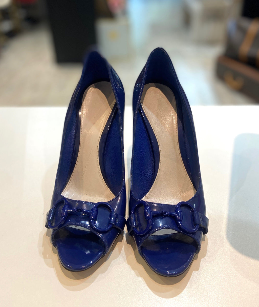 GUCCI HORSEBIT PATENT PEEP TOE PUMPS