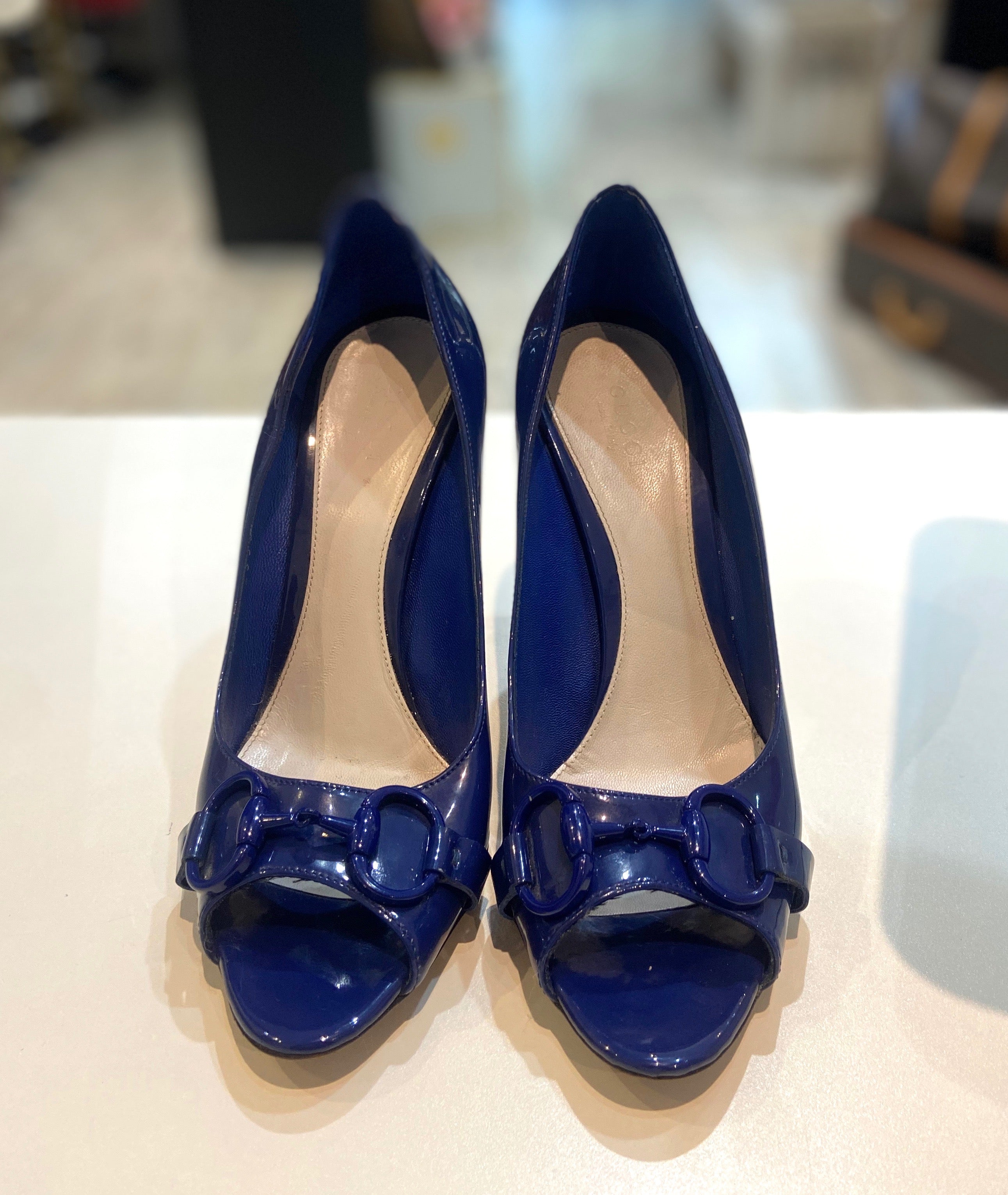 GUCCI HORSEBIT PATENT PEEP TOE PUMPS