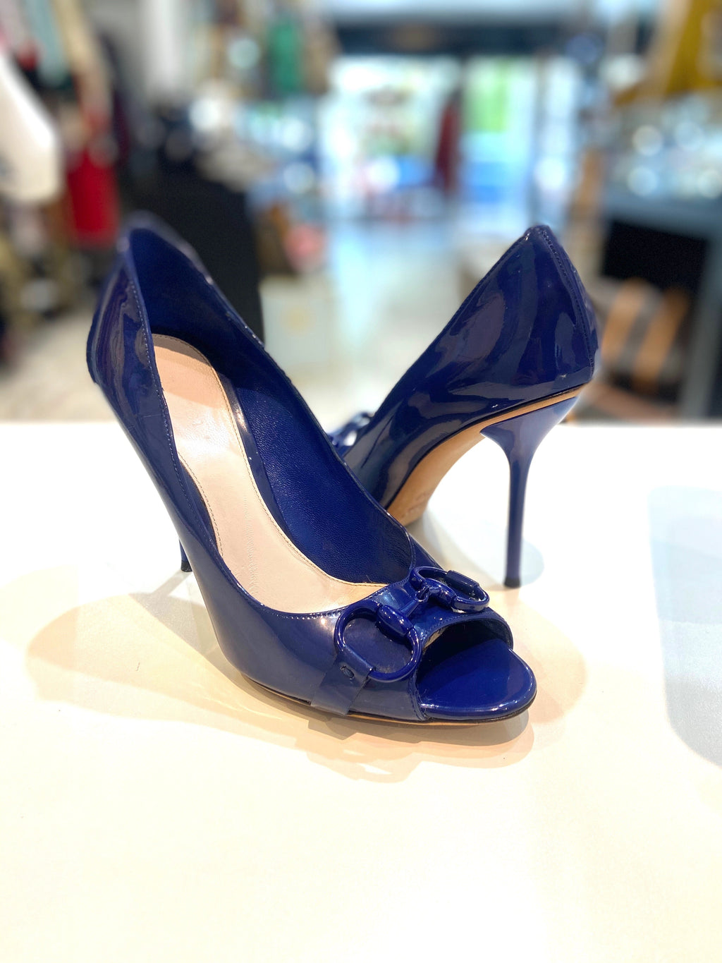 GUCCI HORSEBIT PATENT PEEP TOE PUMPS