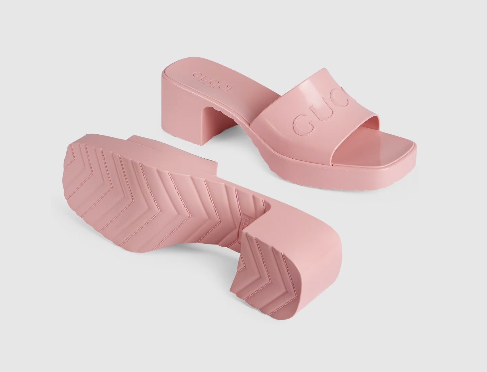 GUCCI PINK 60 EMBOSSED LOGO SLIDE SANDALS