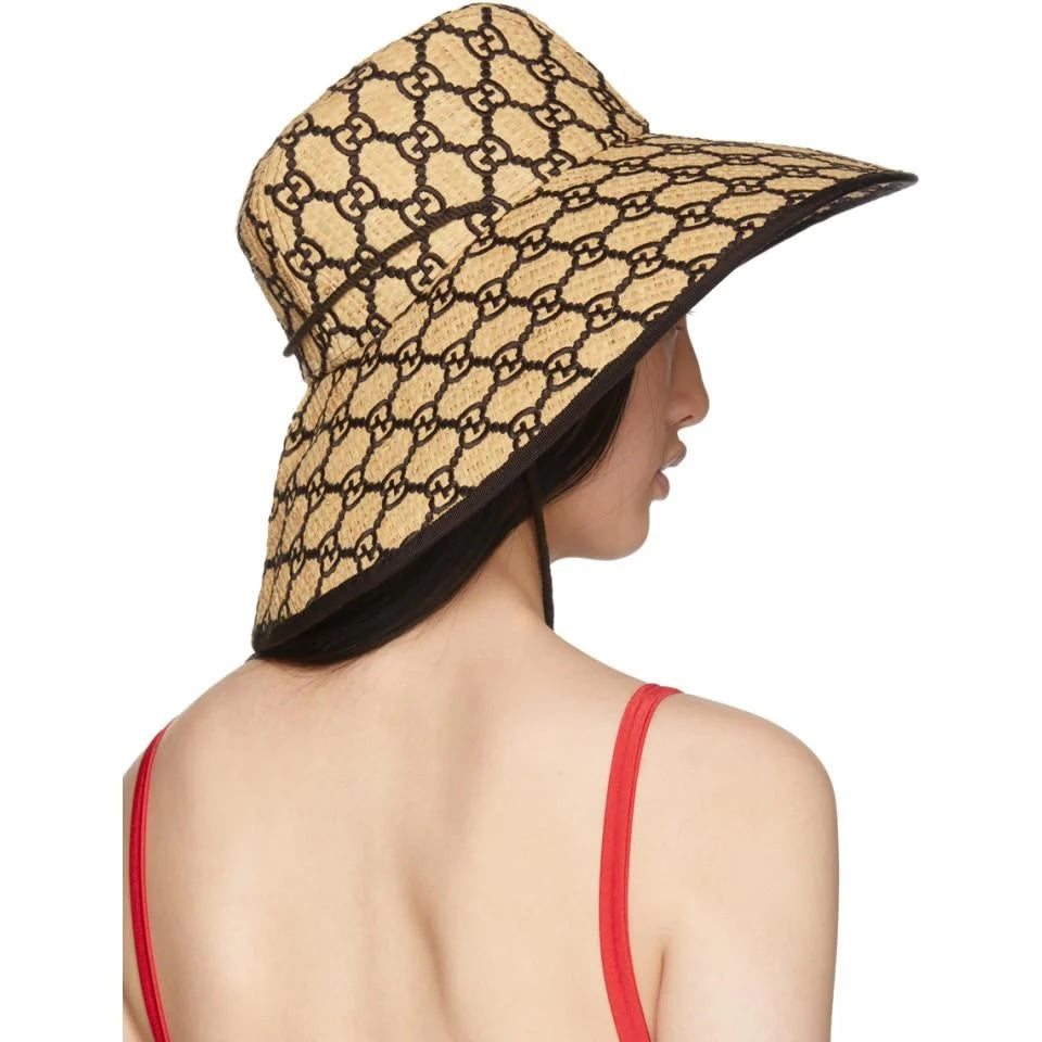 GUCCI RAFFIA ELAPHE GG MONOGRAM EMBROIDERED WIDE BRIM HAT