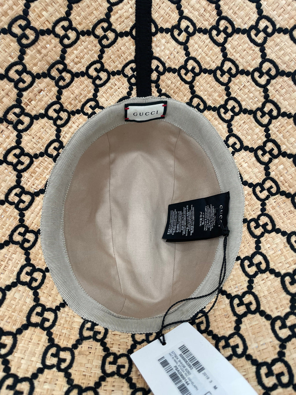 GUCCI RAFFIA ELAPHE GG MONOGRAM EMBROIDERED WIDE BRIM HAT