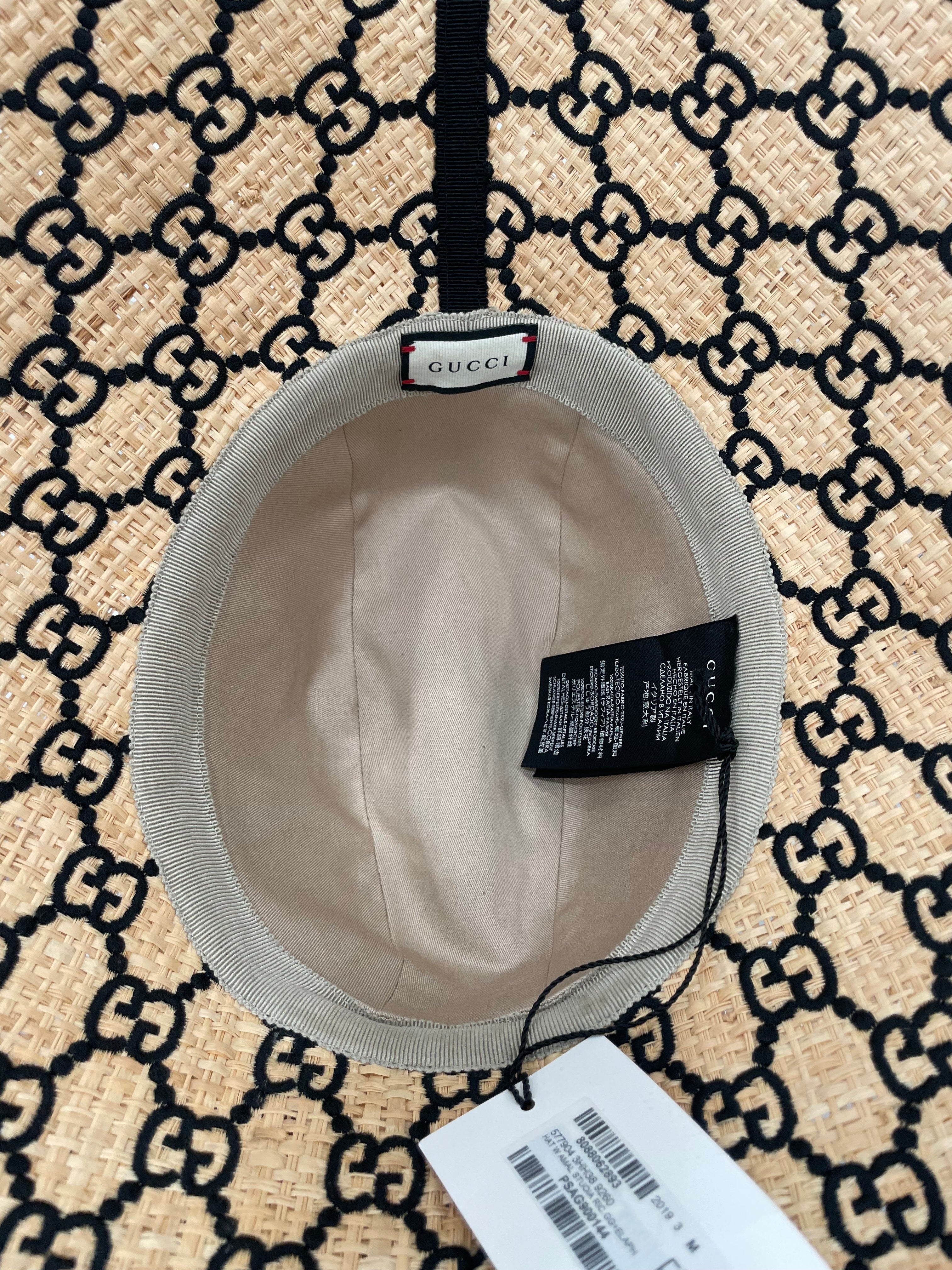 GUCCI RAFFIA ELAPHE GG MONOGRAM EMBROIDERED WIDE BRIM HAT