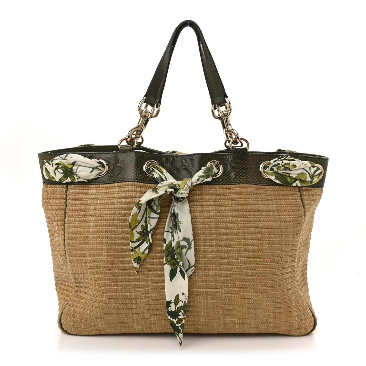 GUCCI STRAW RAFFIA AYERS SNAKESKIN POSITANO LARGE TOTE BAG