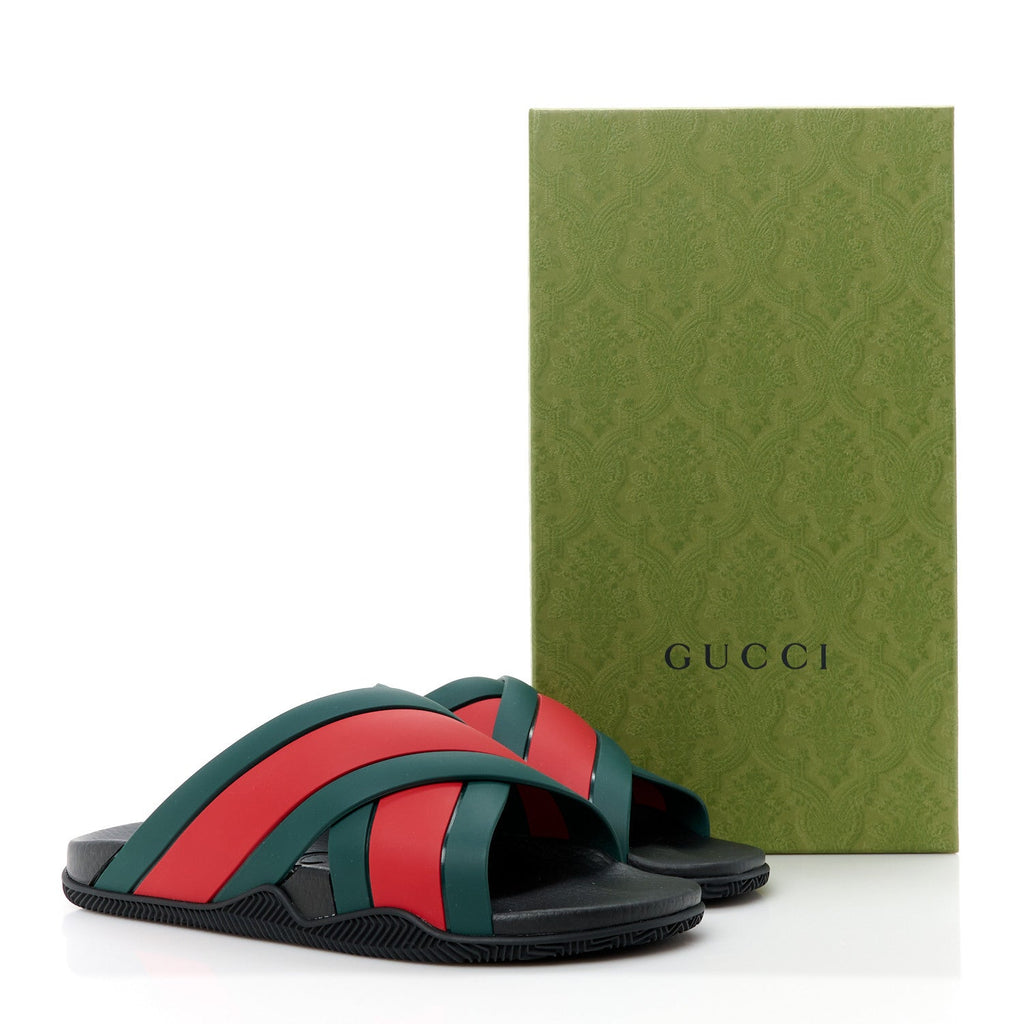 GUCCI RUBBER WEB CRISS CROSS SLIDE SANDALS