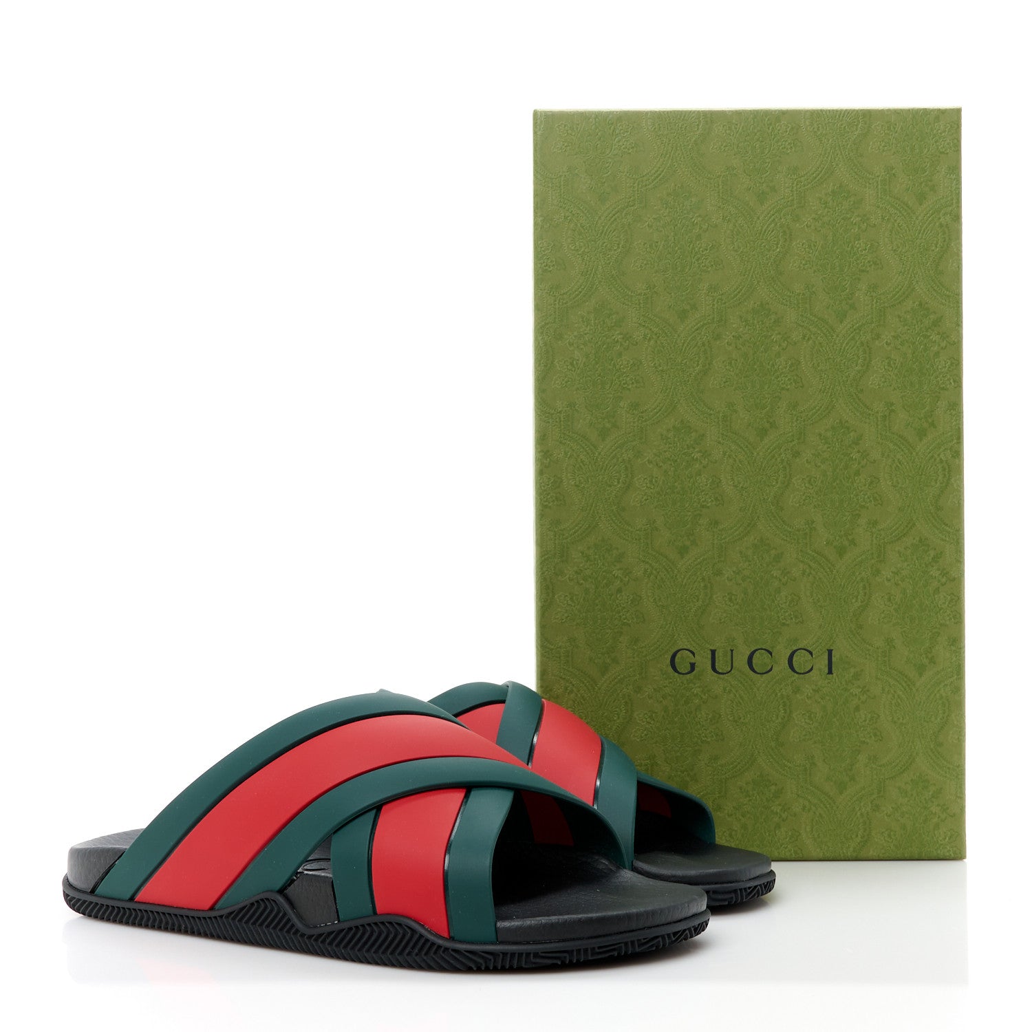 GUCCI RUBBER WEB CRISS CROSS SLIDE SANDALS