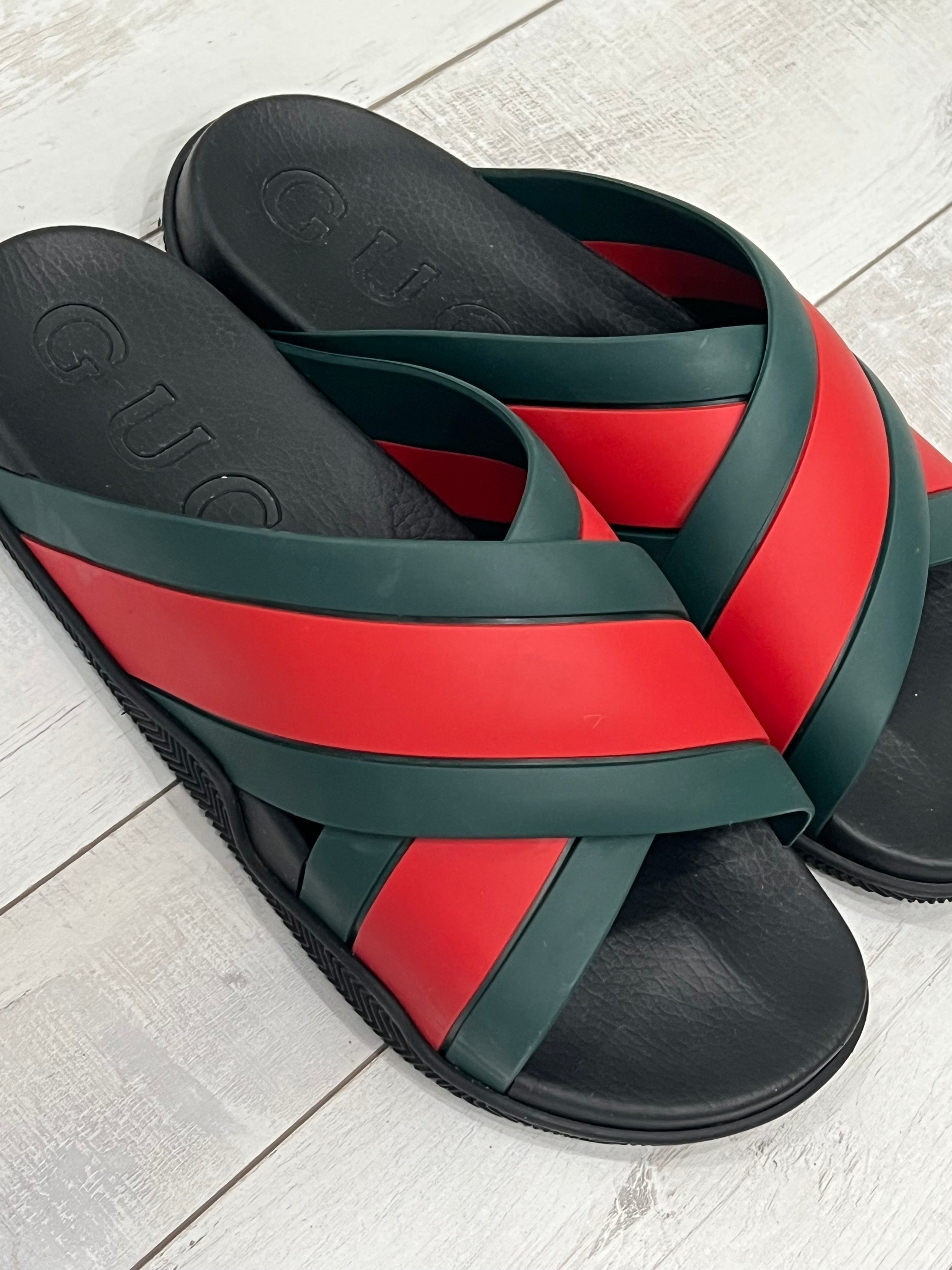 GUCCI RUBBER WEB CRISS CROSS SLIDE SANDALS