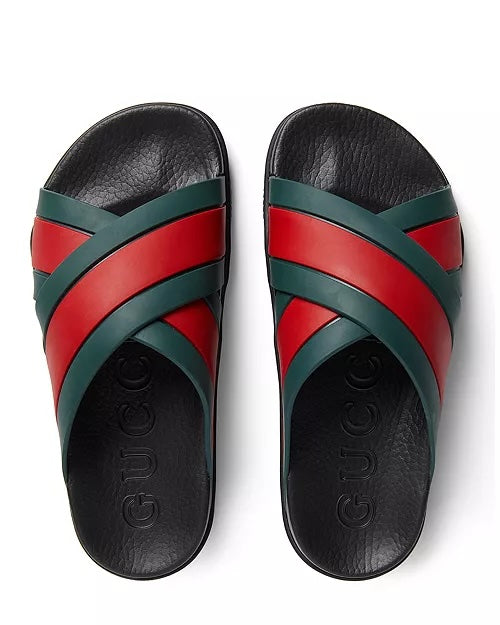 GUCCI RUBBER WEB CRISS CROSS SLIDE SANDALS