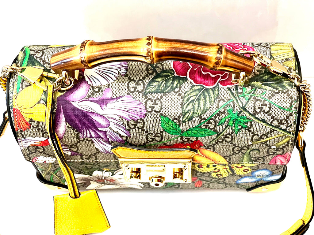GUCCI GG SUPREME MONOGRAM FLORA BAMBOO PADLOCK BAG