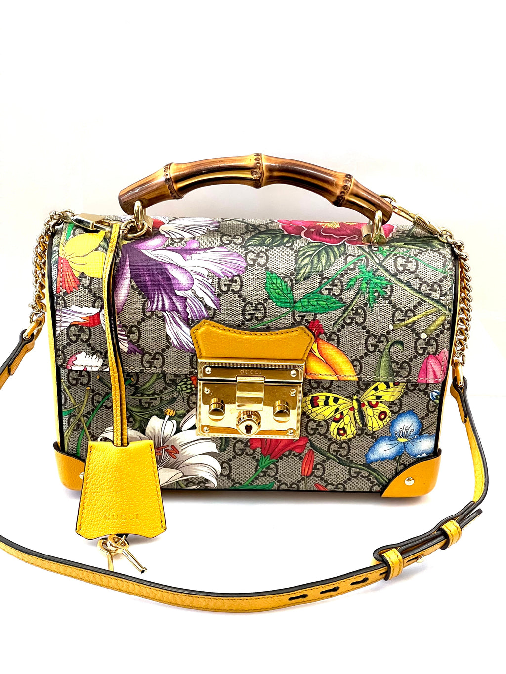GUCCI GG SUPREME MONOGRAM FLORA BAMBOO PADLOCK BAG