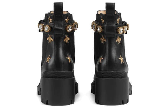 GUCCI STAR AND BEE EMBROIDERED LEATHER BOOTS