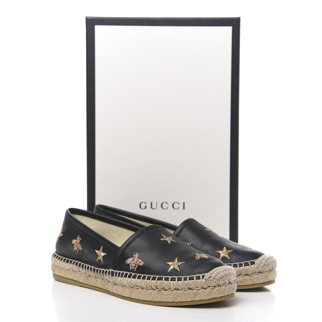GUCCI CALFSKIN LEATHER BEE STAR EMBROIDERED ESPADRILLES