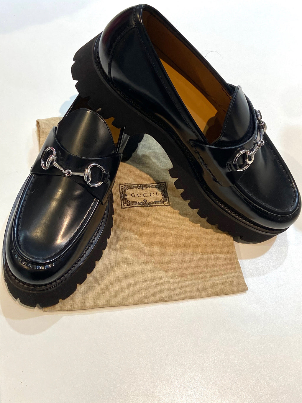 GUCCI SYLKE HORSEBIT PLATFORM CALFSKIN LEATHER LOAFERS