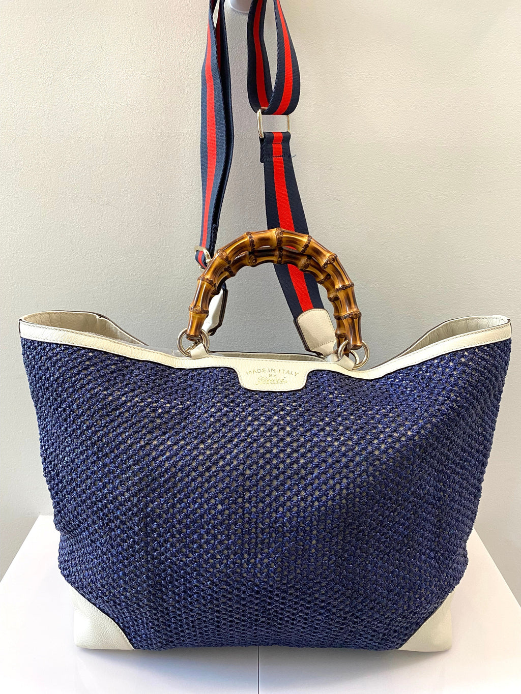 GUCCI VINTAGE WEB STRAP BAMBOO HANDLE TOTE BAG WITH SHOULDER STRAP