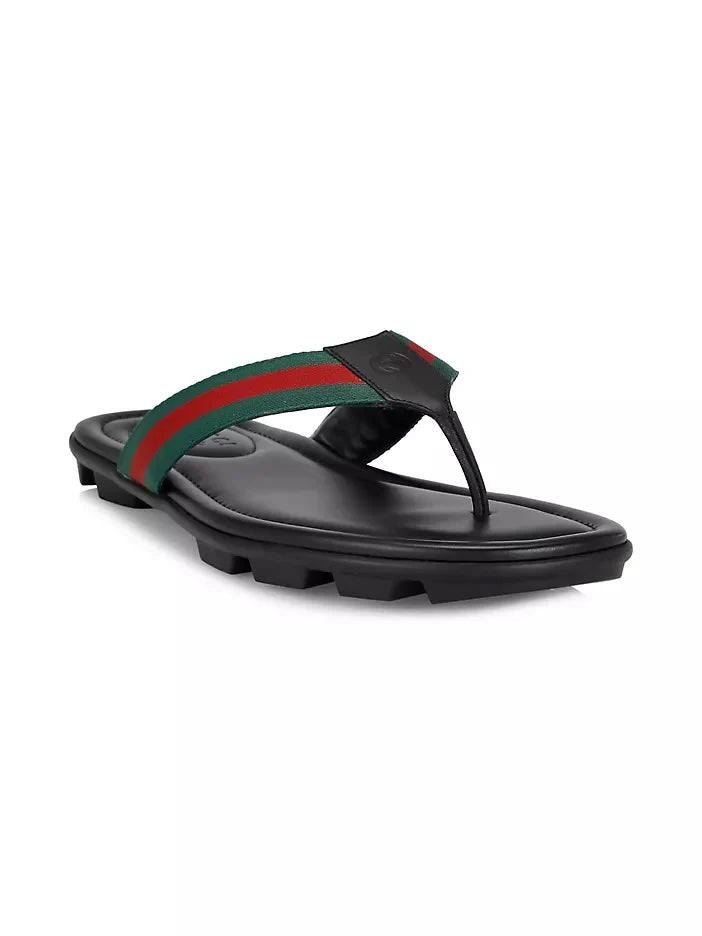 GUCCI MEN'S TITAN WEB LEATHER THONG SLIDES
